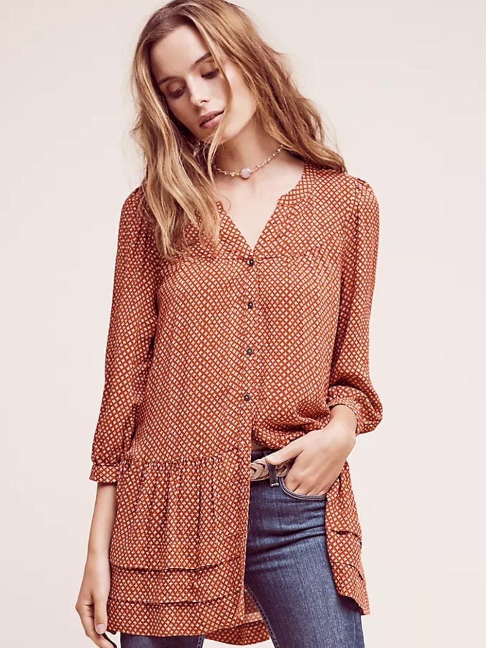Anthropologie Holding Horses Burnt Orange Rustic Pavin Buttondown Tunic- Small